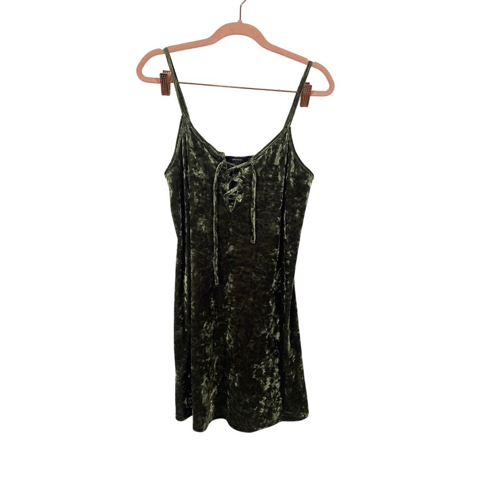 Forever 21 Women Green Velvet Slio Mini Dress Tie Front Spaghetti Strap Size M